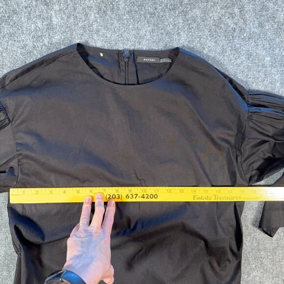 Natori Black Poplin Mini Dress S Balloon Sleeves Sleek Cotton Blend Designer - Picture 7 of 8